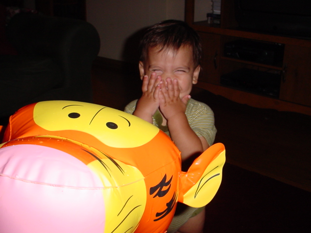 Ethan loves Tigger, a gift from Aunt Rose Marie!